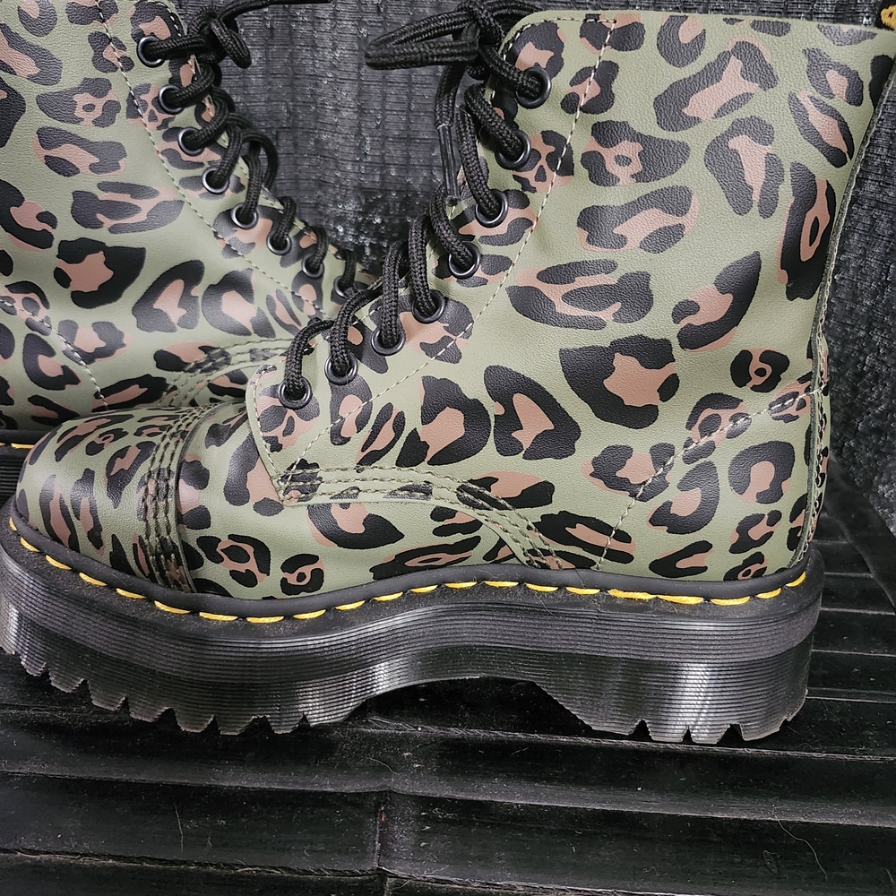 Dr. Martens Green and Black Leopard Combat Boots